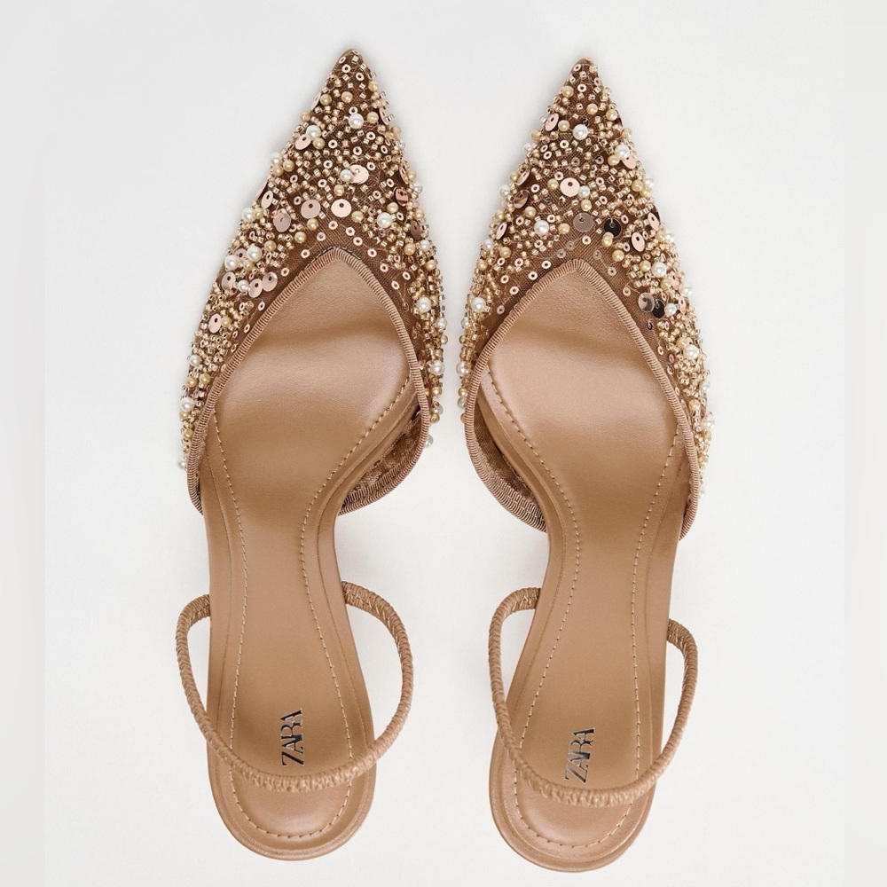 Zara Pearled Beaded Mesh Slingback Kitten Heel NWOT